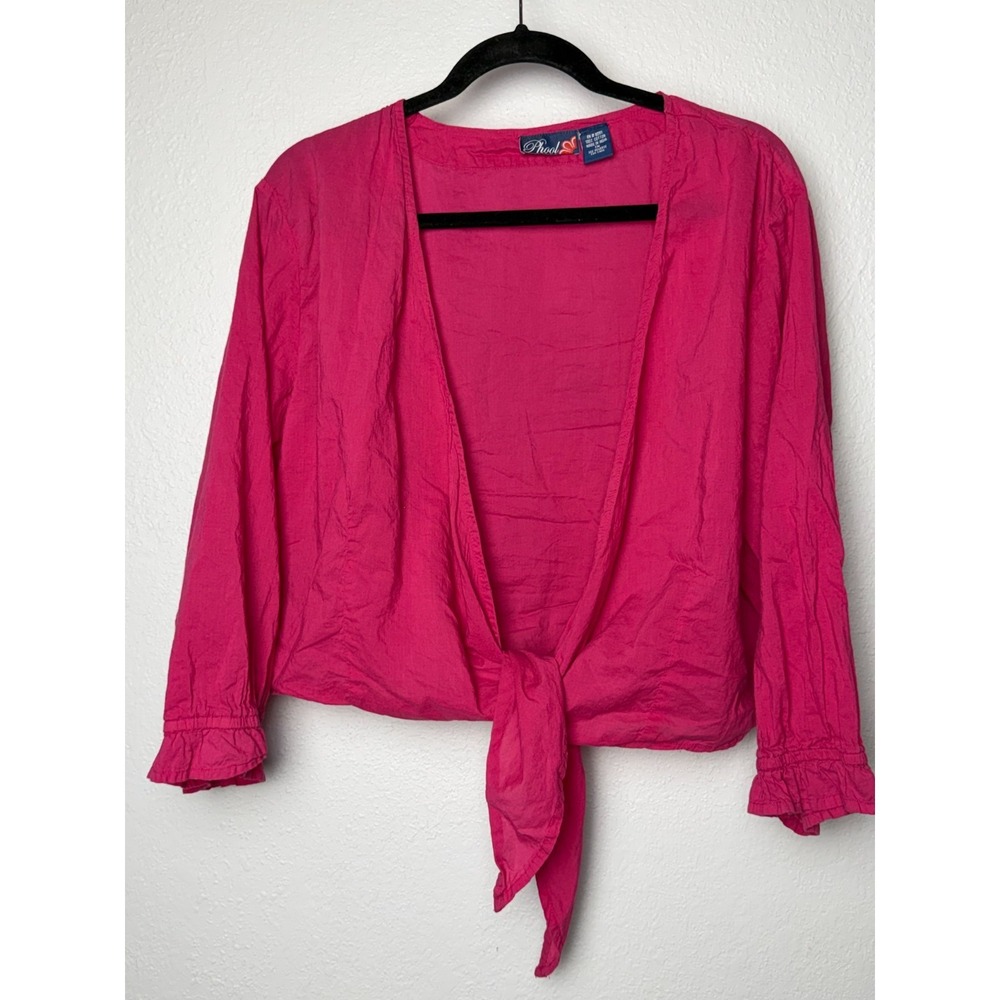 Vtg. Phool Cropped Blouse Women's 1X Hot Pink Tie Front Bell Sleeve Boho Y2K Fun